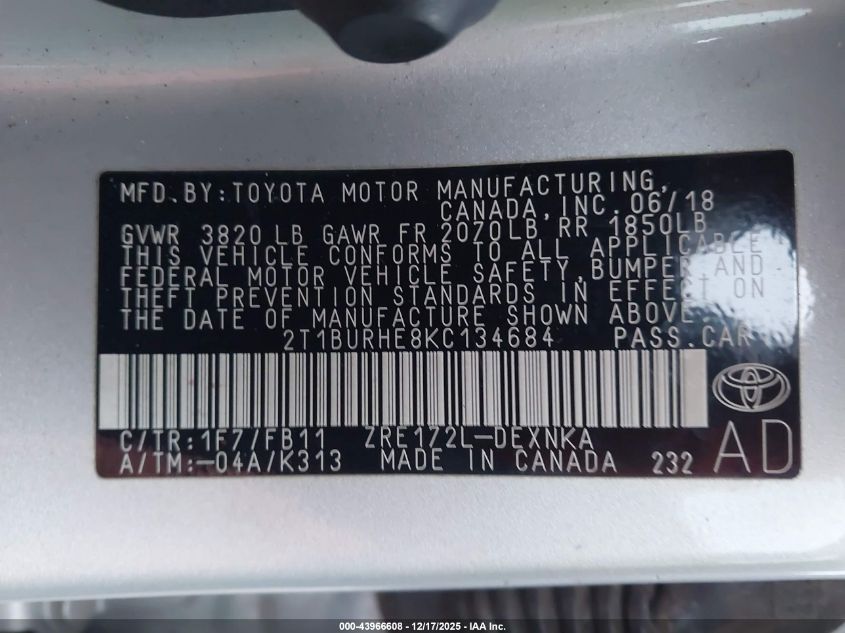 2019 Toyota Corolla Le VIN: 2T1BURHE8KC134684 Lot: 43966608