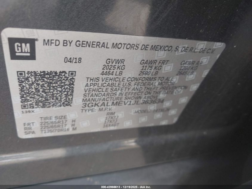 2018 GMC Terrain Sle VIN: 3GKALMEV1JL363634 Lot: 43966613