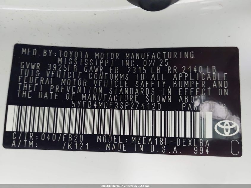 2025 Toyota Corolla Le VIN: 5YFB4MDE3SP274120 Lot: 43966614