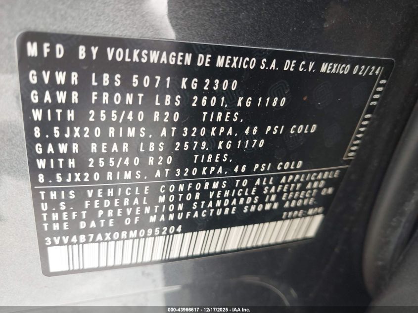 2024 Volkswagen Tiguan 2.0T Sel R-Line VIN: 3VV4B7AX0RM095204 Lot: 43966617