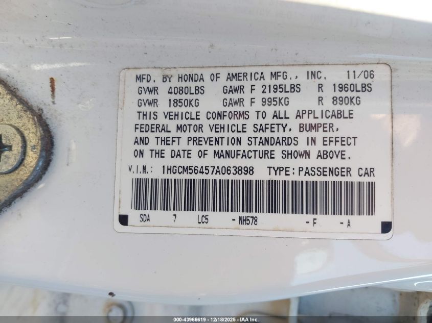 2007 Honda Accord 2.4 Lx VIN: 1HGCM56457A063898 Lot: 43966619