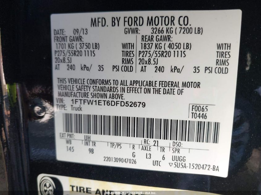 2013 Ford F-150 Platinum VIN: 1FTFW1ET6DFD52679 Lot: 43966621