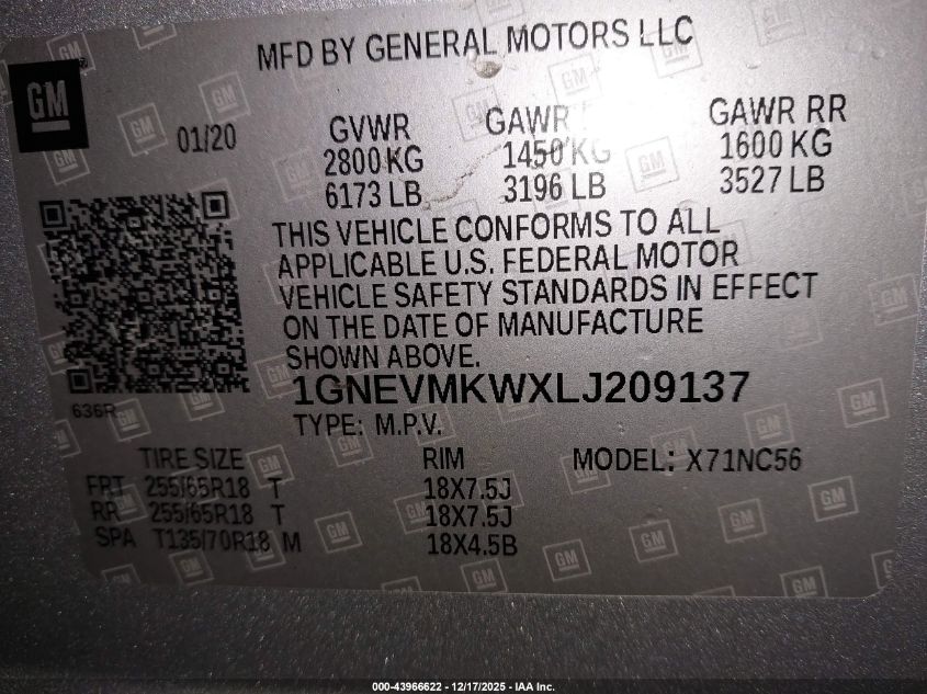 2020 Chevrolet Traverse Awd 2Fl VIN: 1GNEVMKWXLJ209137 Lot: 43966622