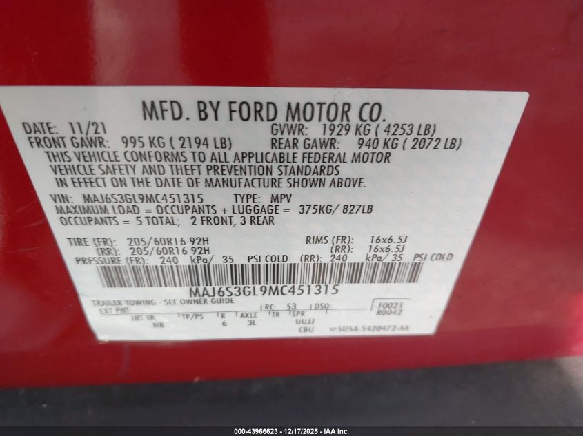 2021 Ford Ecosport Se VIN: MAJ6S3GL9MC451315 Lot: 43966623