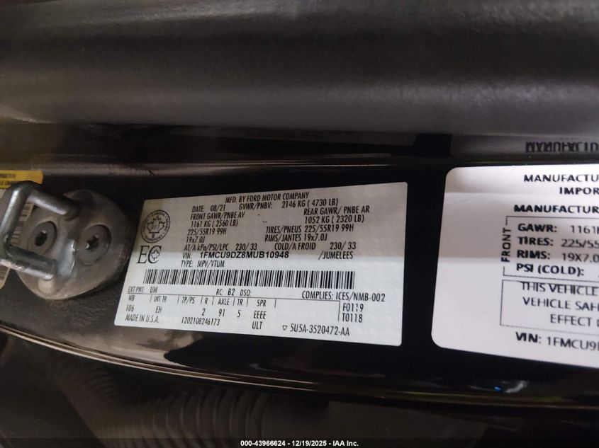 2021 Ford Escape Titanium Hybrid VIN: 1FMCU9DZ8MUB10948 Lot: 43966624