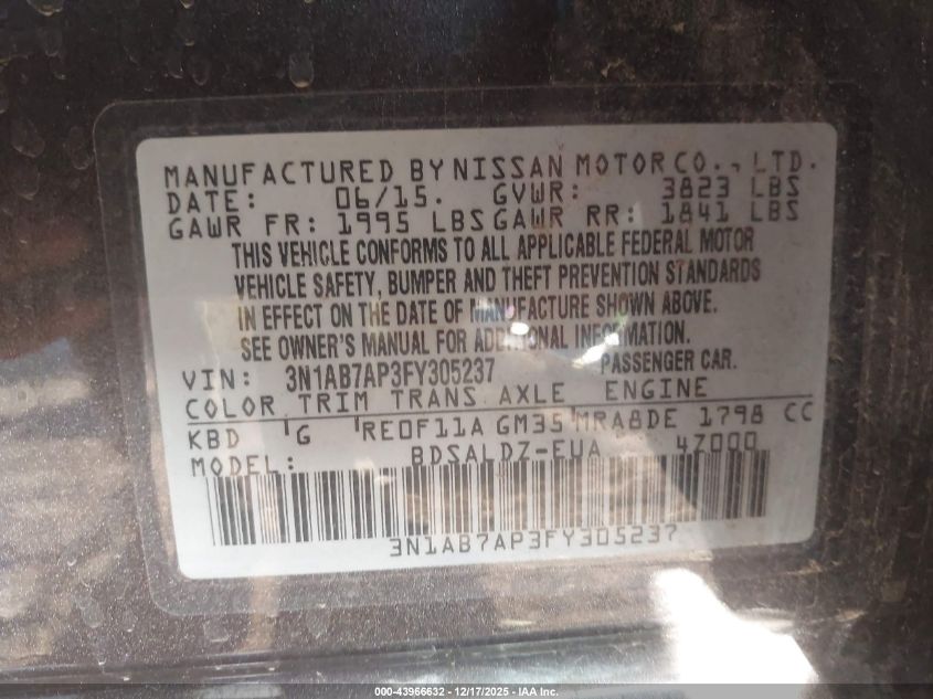 2015 Nissan Sentra Sv VIN: 3N1AB7AP3FY305237 Lot: 43966632