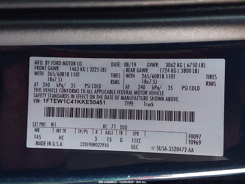 2019 Ford F-150 Lariat VIN: 1FTEW1C41KKE50451 Lot: 43966633