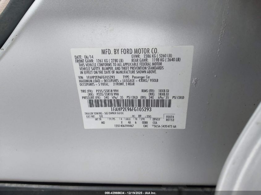 2015 Ford Taurus Sel VIN: 1FAHP2E96FG105293 Lot: 43966634