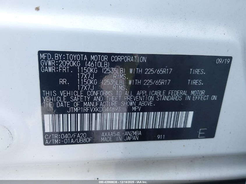 2019 Toyota Rav4 Xle VIN: JTMP1RFVXKD044893 Lot: 43966636