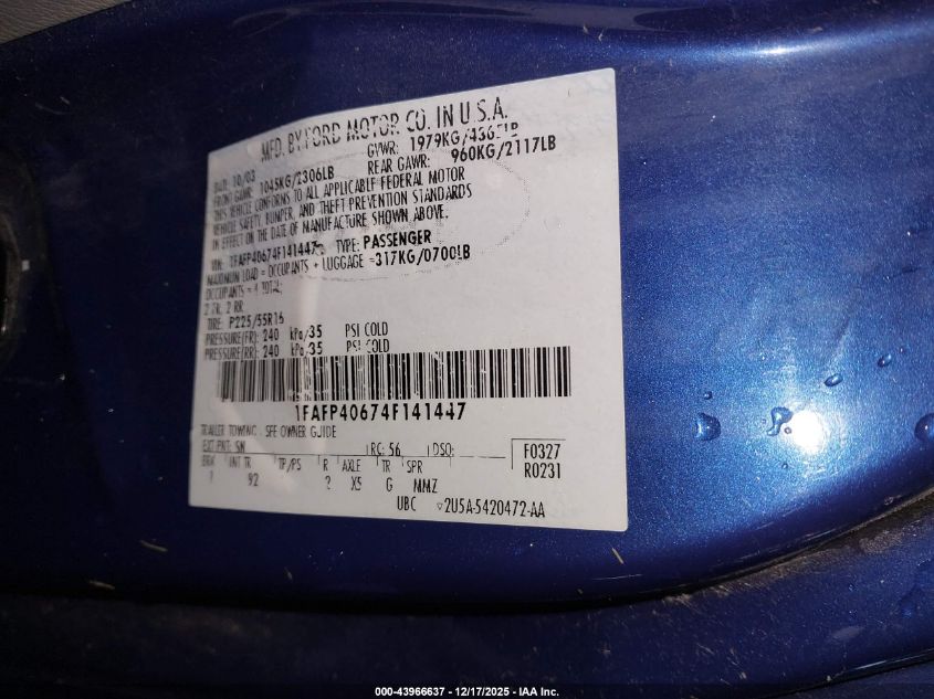 2004 Ford Mustang VIN: 1FAFP40674F141447 Lot: 43966637