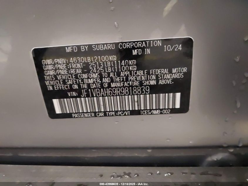 2024 Subaru Wrx Premium VIN: JF1VBAH69R9818839 Lot: 43966639