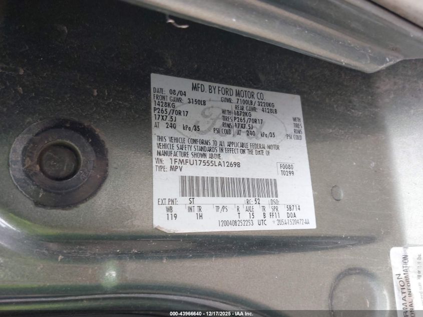 2005 Ford Expedition Eddie Bauer/King Ranch VIN: 1FMFU17555LA12698 Lot: 43966640