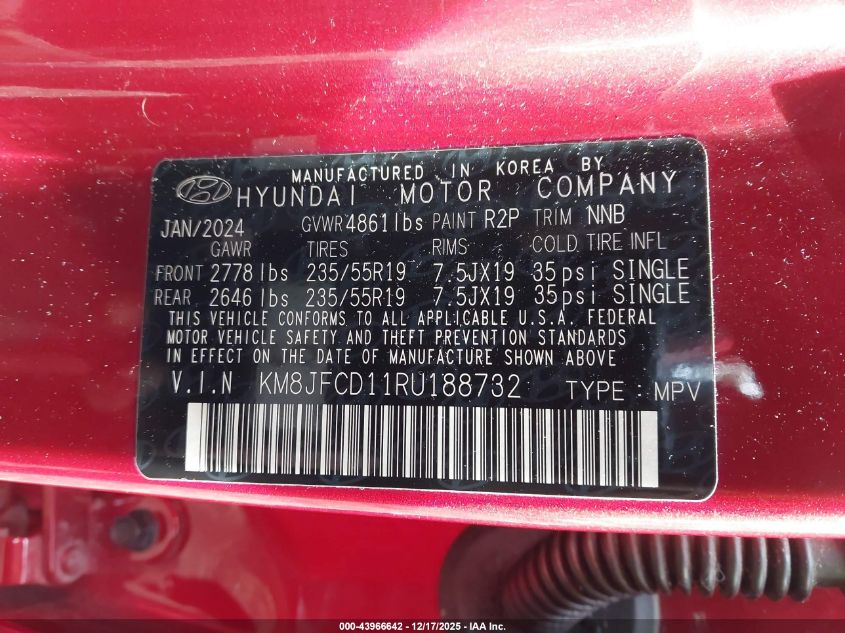 2024 Hyundai Tucson Hybrid N Line VIN: KM8JFCD11RU188732 Lot: 43966642