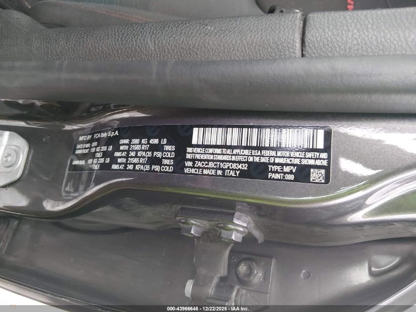 2016 Jeep Renegade Trailhawk VIN: ZACCJBCT1GPD83432 Lot: 43966646