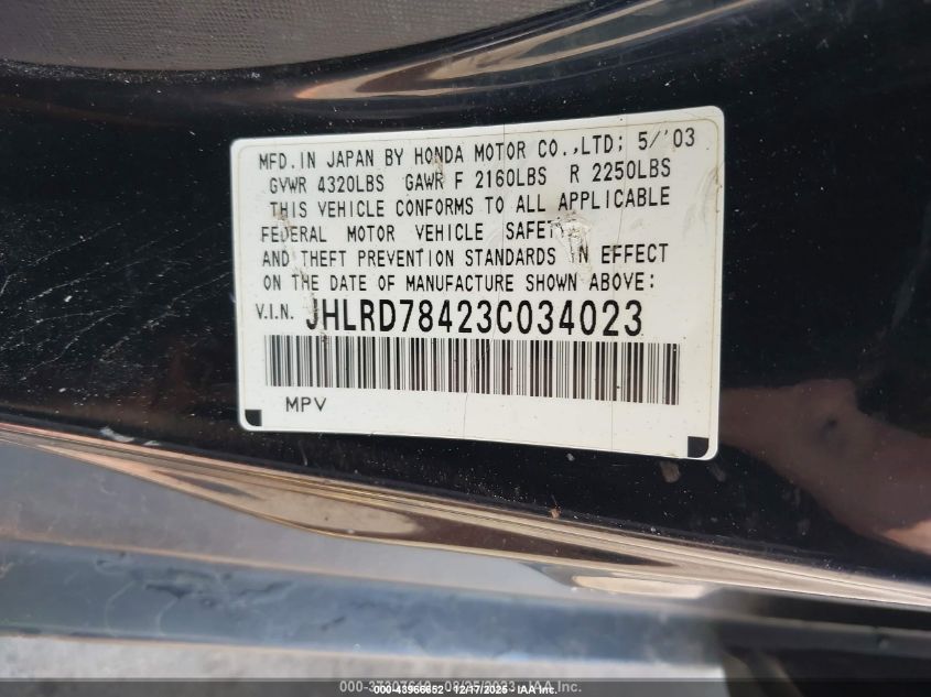 2003 Honda Cr-V Lx VIN: JHLRD78423C034023 Lot: 43966652