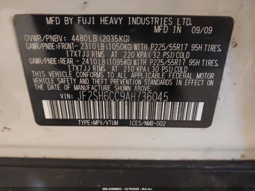 2010 Subaru Forester 2.5X Premium VIN: JF2SH6CC9AH736045 Lot: 43966653