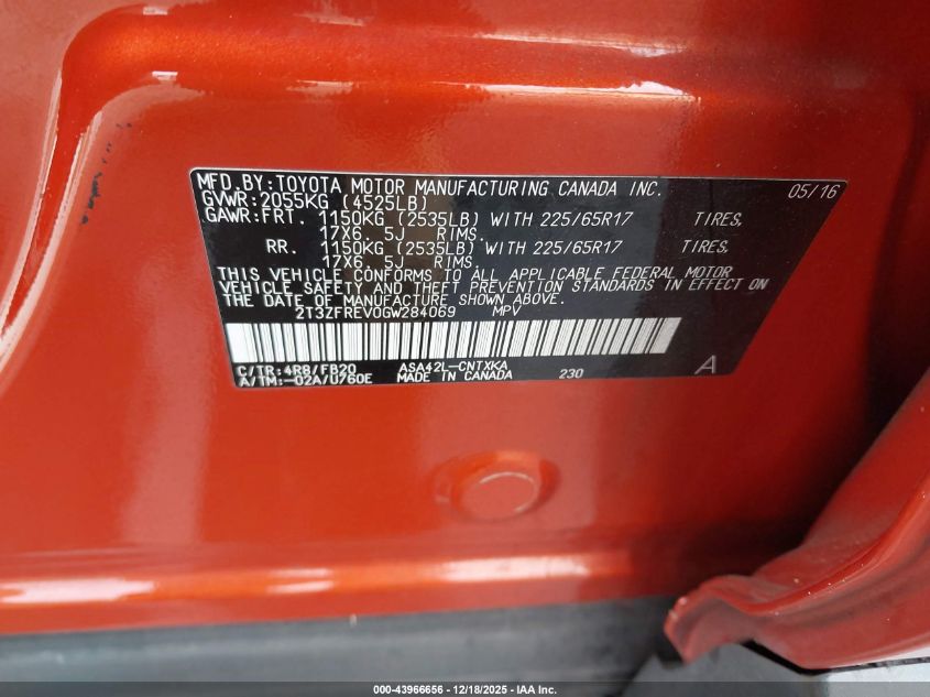 2016 Toyota Rav4 Le VIN: 2T3ZFREV0GW284069 Lot: 43966656