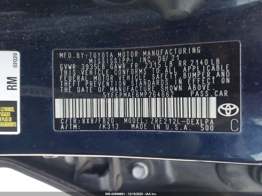 2021 Toyota Corolla Le VIN: 5YFEPMAE6MP264662 Lot: 43966661