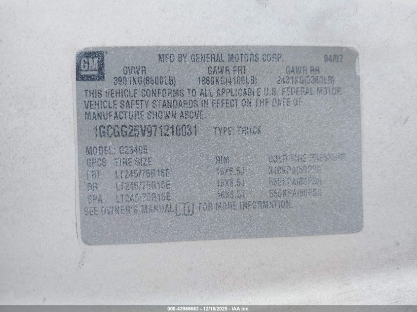2007 Chevrolet Express Work Van VIN: 1GCGG25V971210031 Lot: 43966663