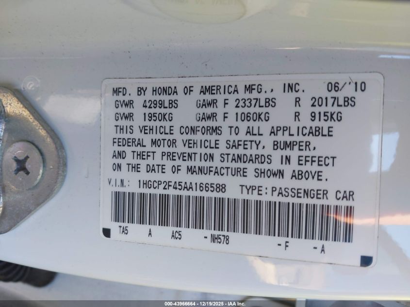 2010 Honda Accord 2.4 Lx-P VIN: 1HGCP2F45AA166588 Lot: 43966664
