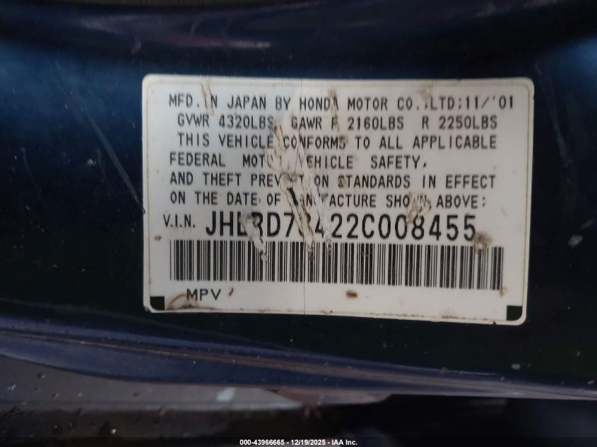 2002 Honda Cr-V Lx VIN: JHLRD78422C008455 Lot: 43966665