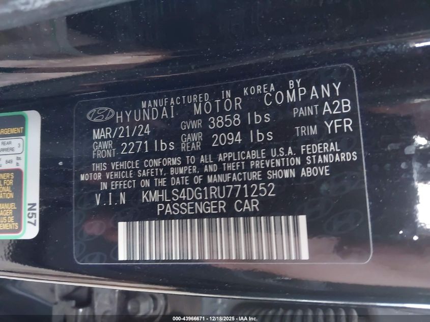 2024 Hyundai Elantra Sel VIN: KMHLS4DG1RU771252 Lot: 43966671