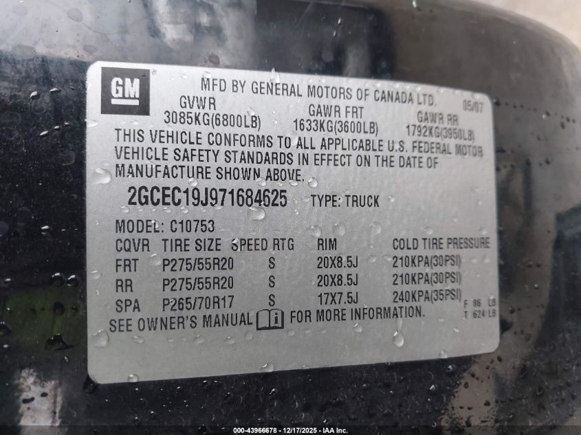 2007 Chevrolet Silverado 1500 Lt1 VIN: 2GCEC19J971684625 Lot: 43966678