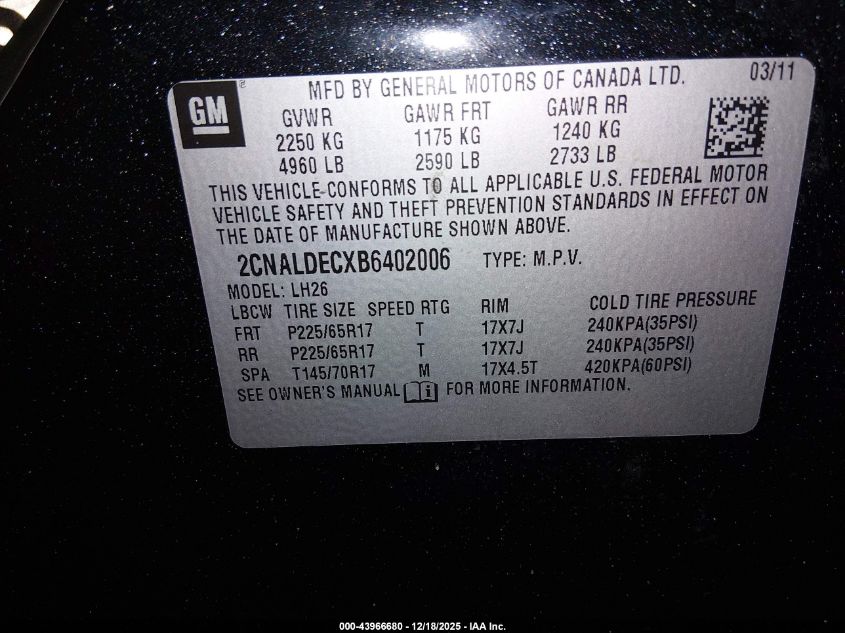 2011 Chevrolet Equinox 1Lt VIN: 2CNALDECXB6402006 Lot: 43966680