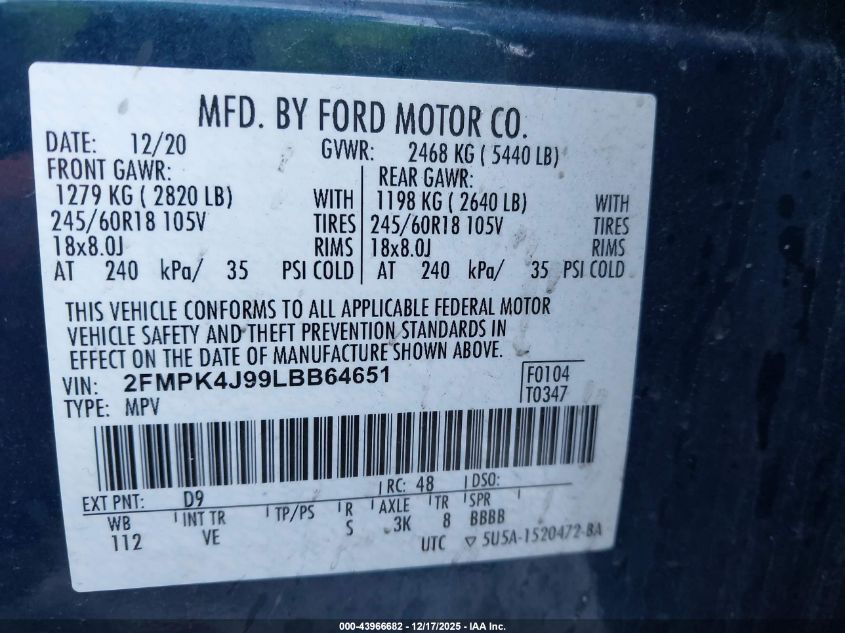 2020 Ford Edge Sel VIN: 2FMPK4J99LBB64651 Lot: 43966682