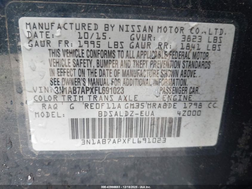 2015 Nissan Sentra Sv VIN: 3N1AB7APXFL691023 Lot: 43966683