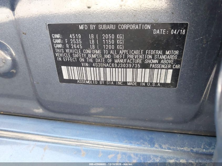 2018 Subaru Legacy 2.5I Premium VIN: 4S3BNAC69J3039735 Lot: 43966685