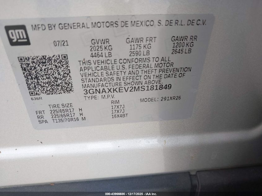 2021 Chevrolet Equinox Fwd Lt VIN: 3GNAXKEV2MS181849 Lot: 43966686