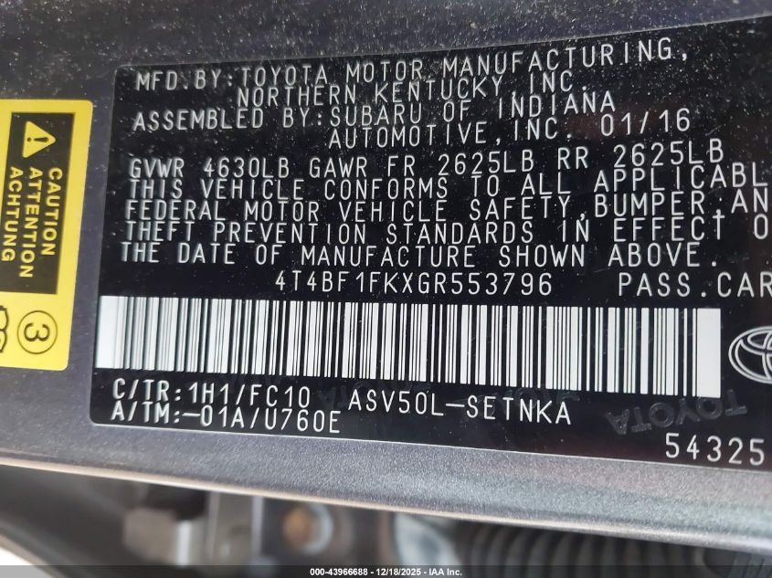 2016 Toyota Camry Le VIN: 4T4BF1FKXGR553796 Lot: 43966688