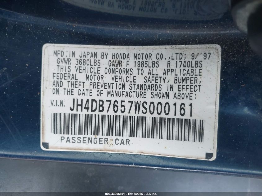 1998 Acura Integra Ls VIN: JH4DB7657WS000161 Lot: 43966691