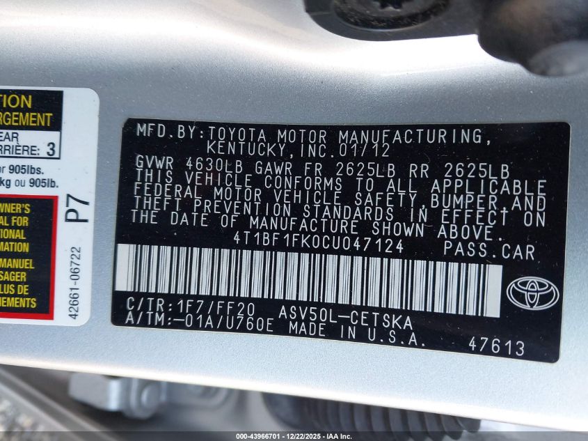 2012 Toyota Camry Se VIN: 4T1BF1FK0CU047124 Lot: 43966701