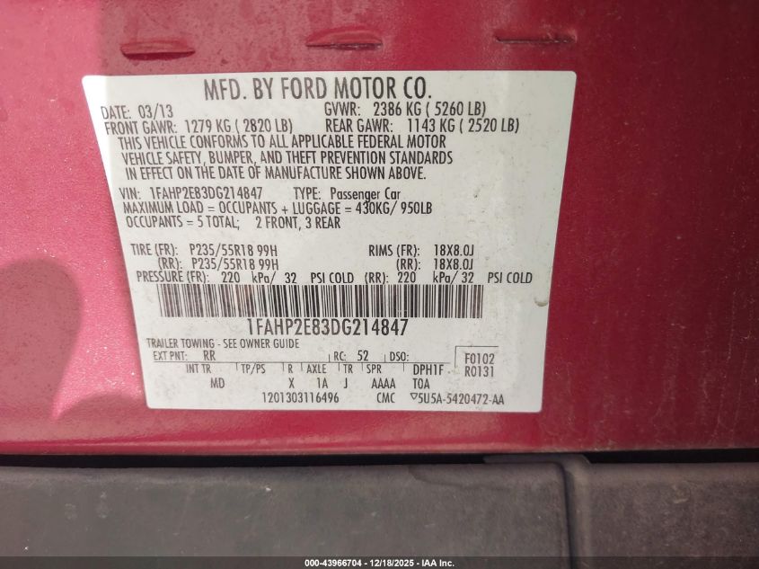 2013 Ford Taurus Sel VIN: 1FAHP2E83DG214847 Lot: 43966704