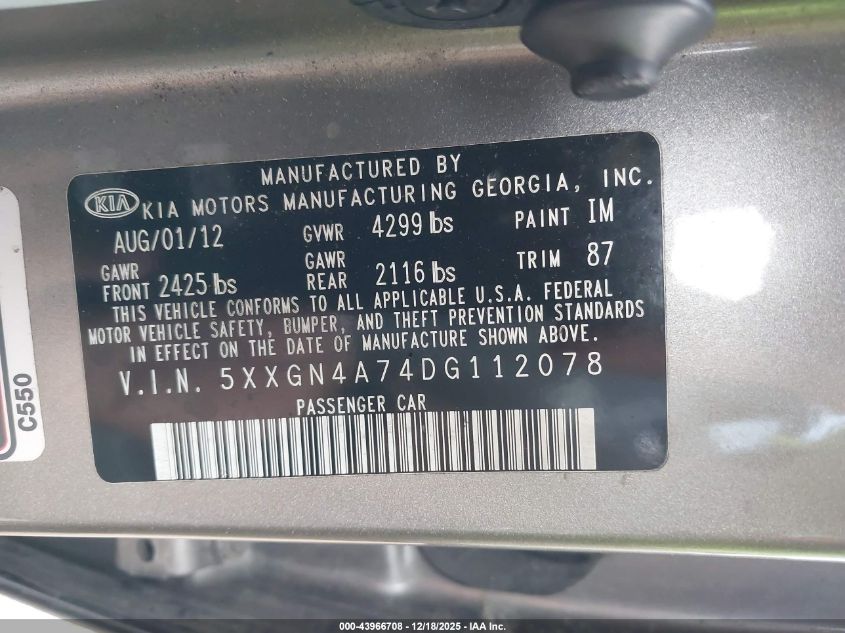 2013 Kia Optima Ex VIN: 5XXGN4A74DG112078 Lot: 43966708