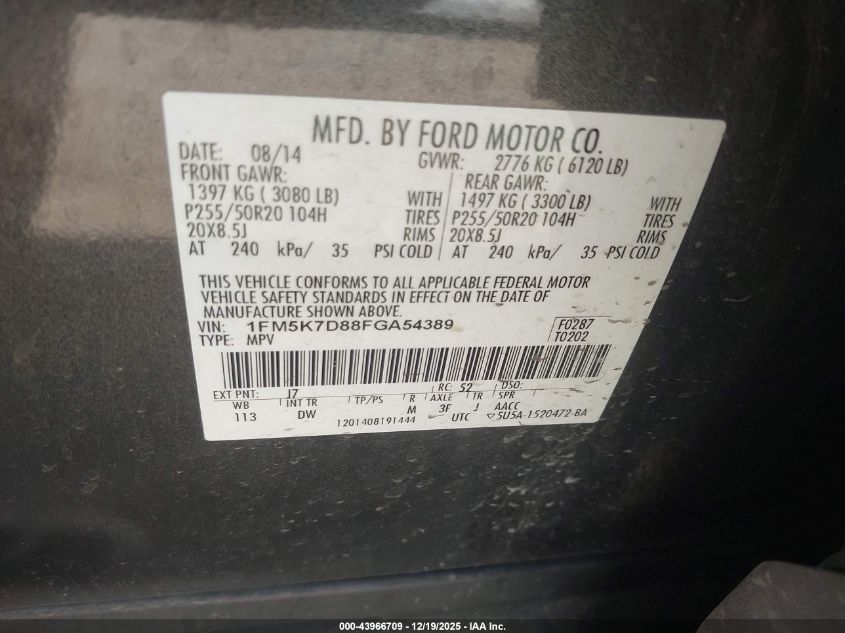 2015 Ford Explorer Xlt VIN: 1FM5K7D88FGA54389 Lot: 43966709