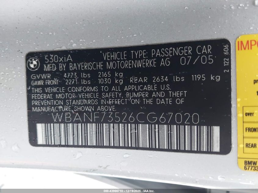 2006 BMW 530Xi VIN: WBANF73526CG67020 Lot: 43966710