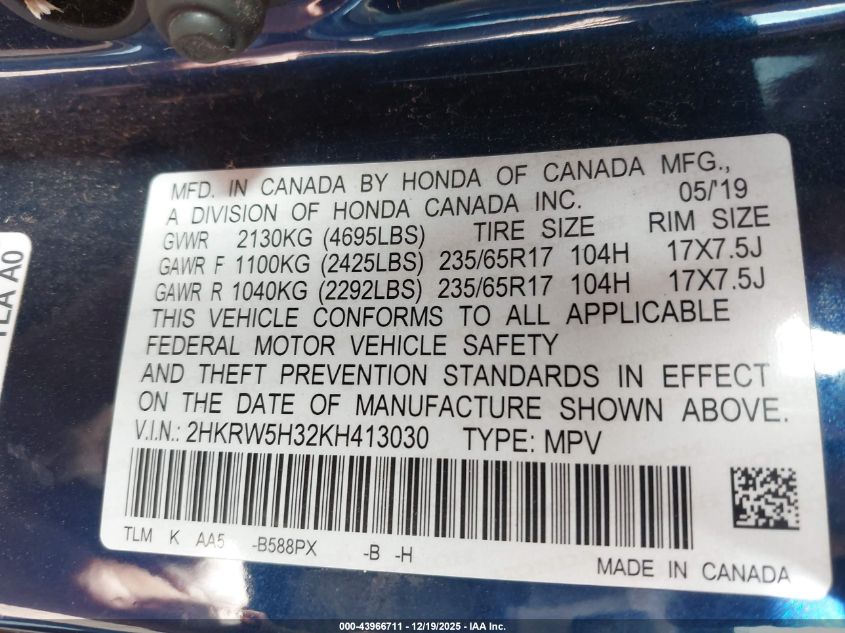 2019 Honda Cr-V Lx VIN: 2HKRW5H32KH413030 Lot: 43966711