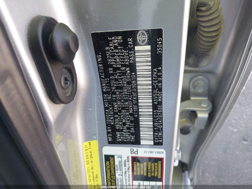 2015 Toyota Camry Xse VIN: 4T1BF1FK9FU108104 Lot: 43966713