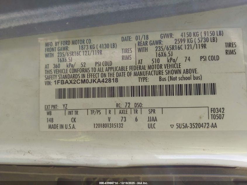 2018 Ford Transit-350 Xlt VIN: 1FBAX2CM0JKA42818 Lot: 43966714