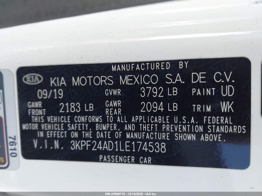 2020 Kia Forte Lxs VIN: 3KPF24AD1LE174538 Lot: 43966719