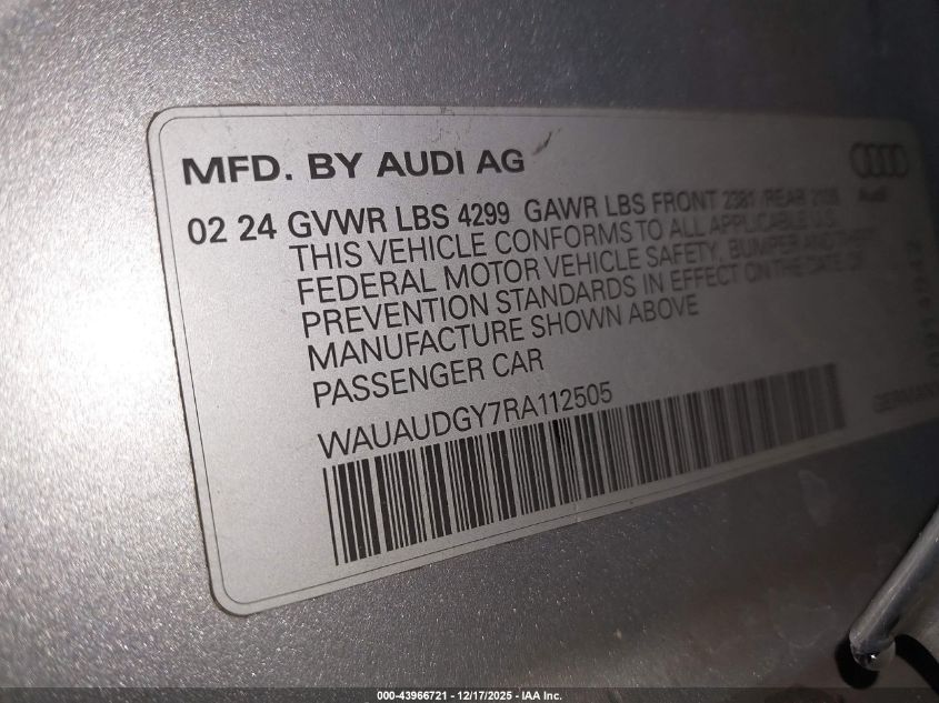 2024 Audi A3 Premium 40 Tfsi Front-Wheel Drive S Tronic VIN: WAUAUDGY7RA112505 Lot: 43966721