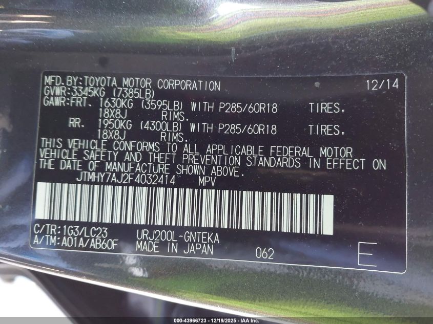 2015 Toyota Land Cruiser V8 VIN: JTMHY7AJ2F4032414 Lot: 43966723