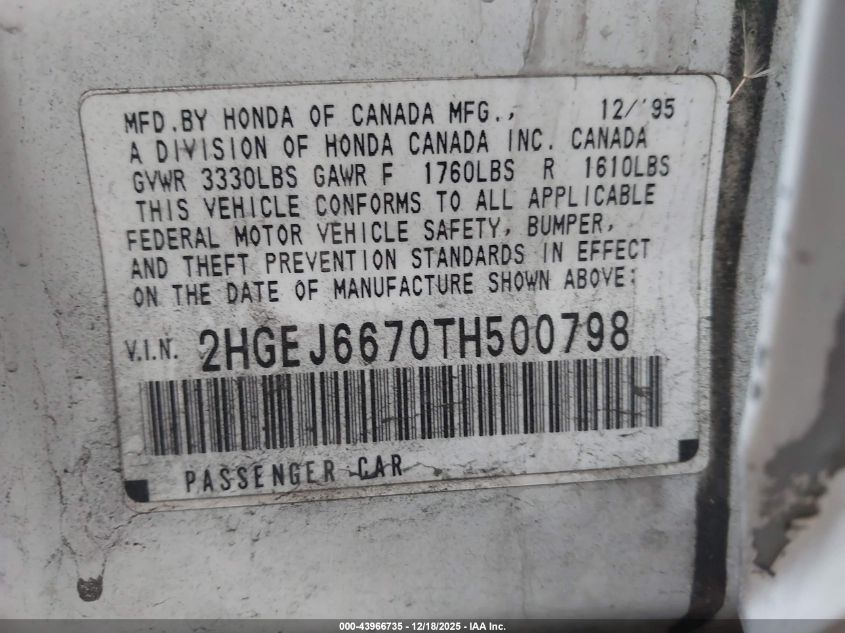 1996 Honda Civic Lx VIN: 2HGEJ6670TH500798 Lot: 43966735