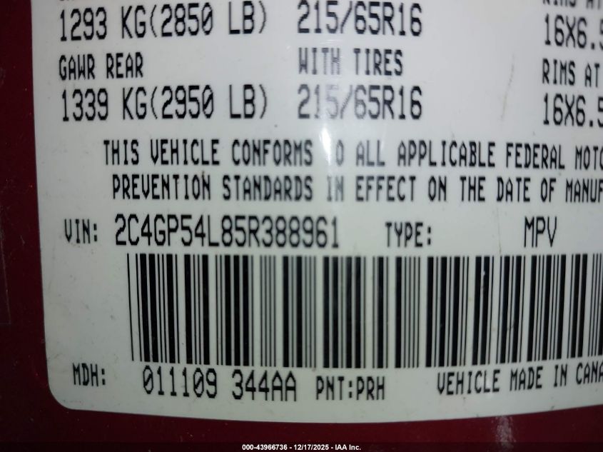 2005 Chrysler Town & Country Touring VIN: 2C4GP54L85R388961 Lot: 43966736