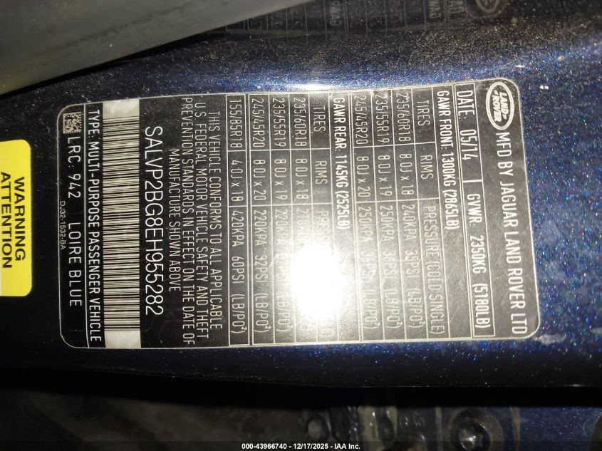 2014 Land Rover Range Rover Evoque Pure VIN: SALVP2BG8EH955282 Lot: 43966740