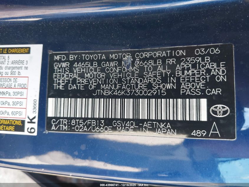 2007 Toyota Camry Le V6 VIN: JTNBK46K373002915 Lot: 43966741