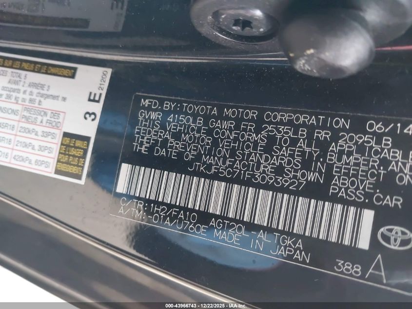 2015 Scion Tc VIN: JTKJF5C71F3093927 Lot: 43966743